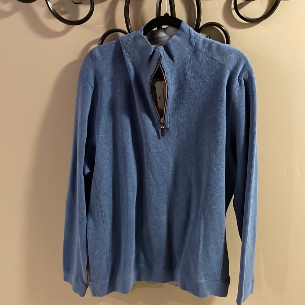 Reversible Tommy Bahama sweater quarter zip- light blue on one side and grey